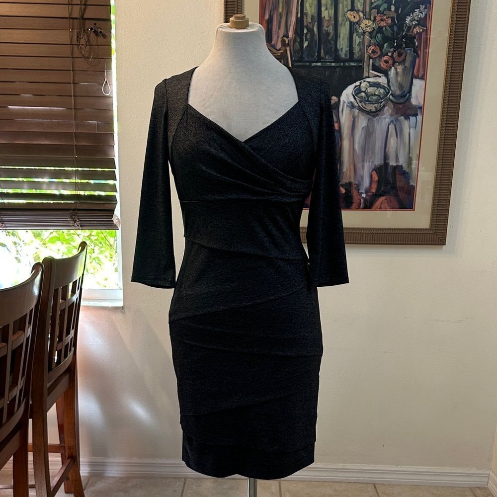 WHBM Charcoal Grey Tiered Body-Con 3/4 Sleeve Women's Dress Size 8